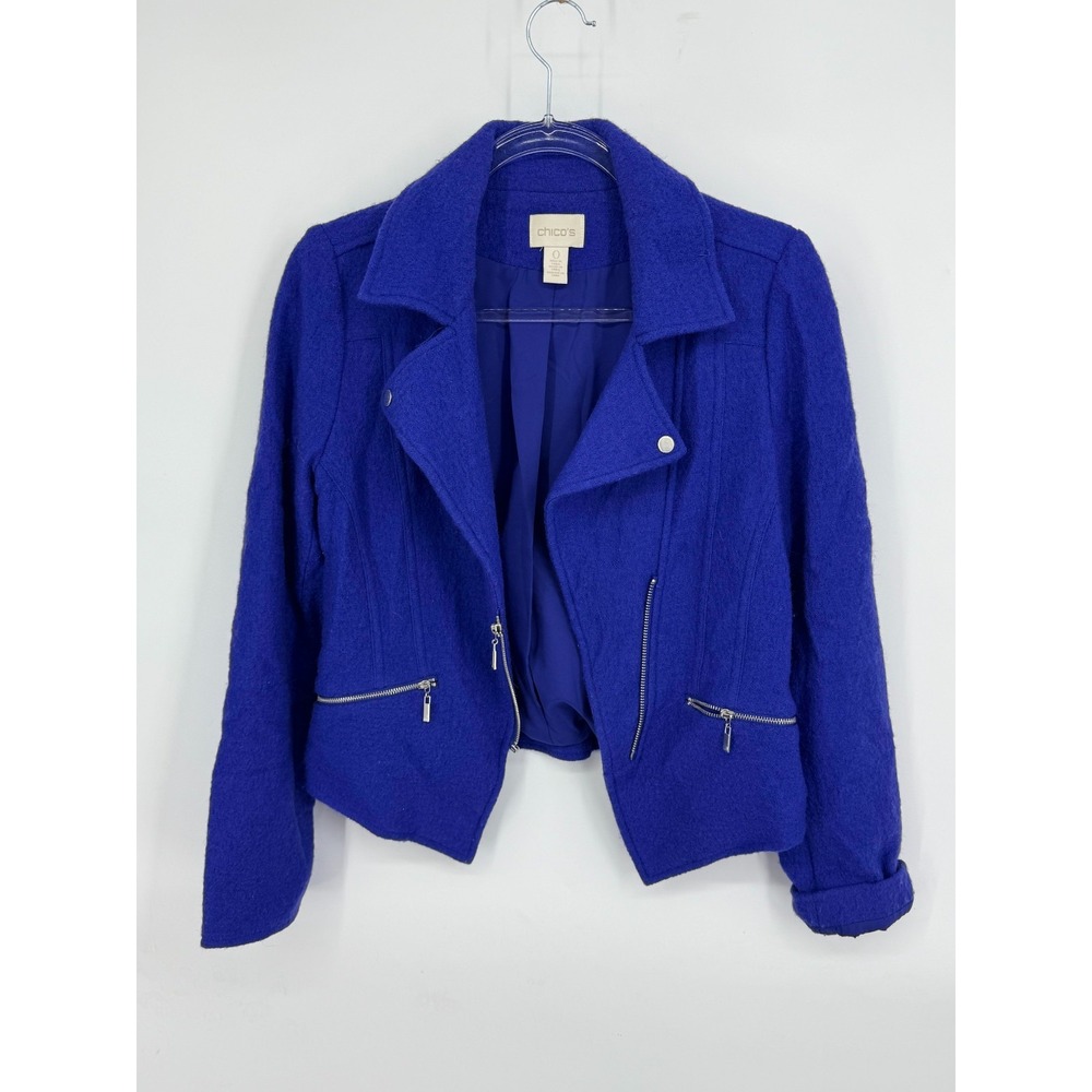 Chico's Boiled Wool Moto Jacket Size 0 Bikercore Edgy Rocker Asymmetrical Zip